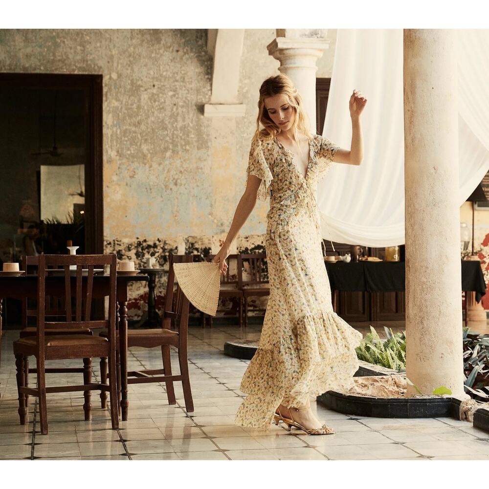 Doen Antoinette Maxi Dress Yellow Victoria Floral Printed Silk Ruffle Sheer M - Picture 2 of 13